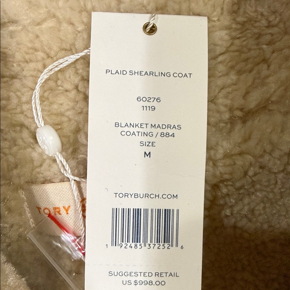 Tory Burch Black, Brown & Cream Plaid Sherpa-Trim Double-Breasted Pea Coat - Picture 3 of 9